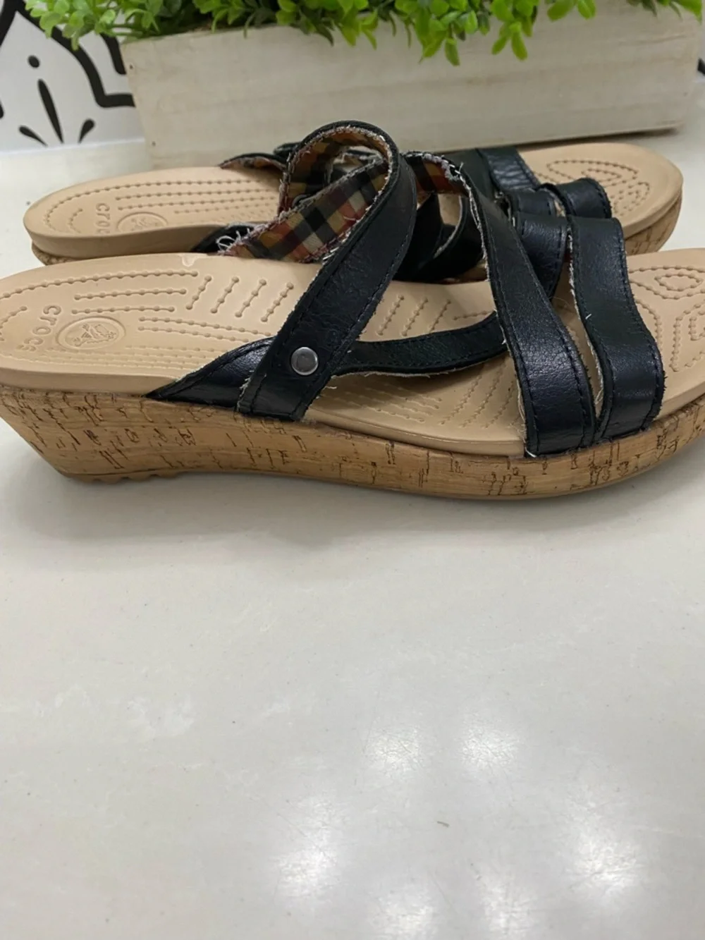 Crocs A-Leigh Black Leather Cork Plaid Lined Wedge Slide Sandals - Women's 7